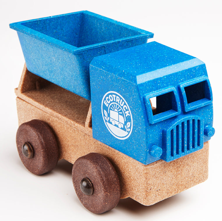Toy truck with blue cabin and brown body on a white background