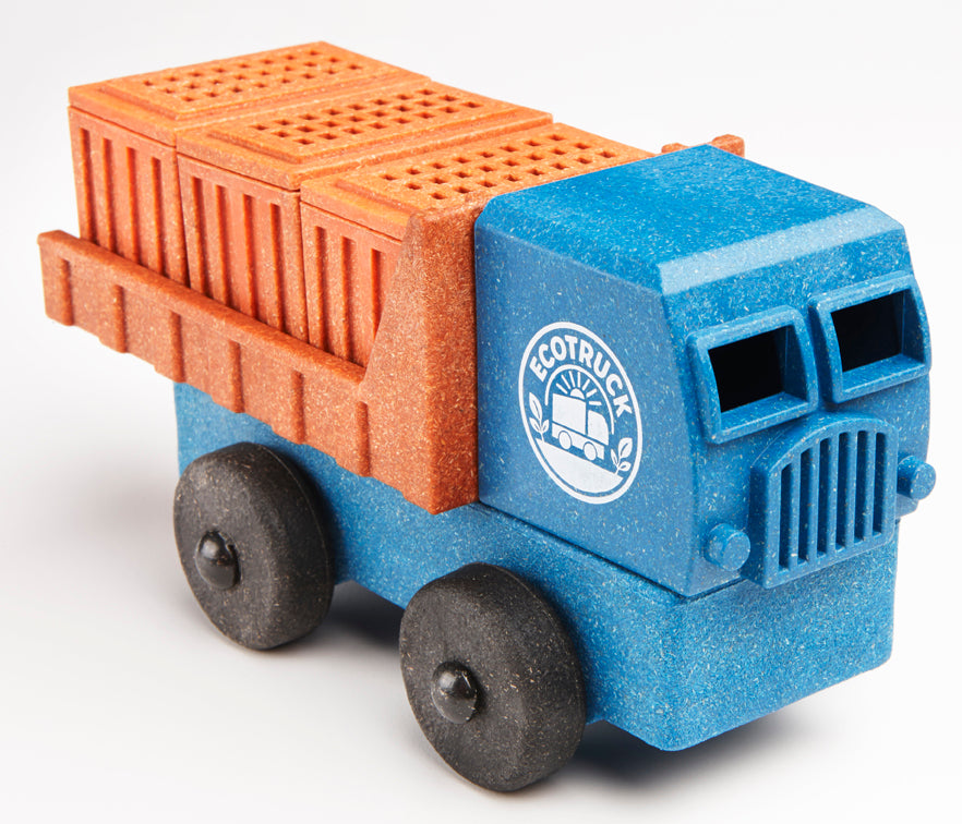 Preschool Toy truck with blue cab and orange cargo container on a blue background