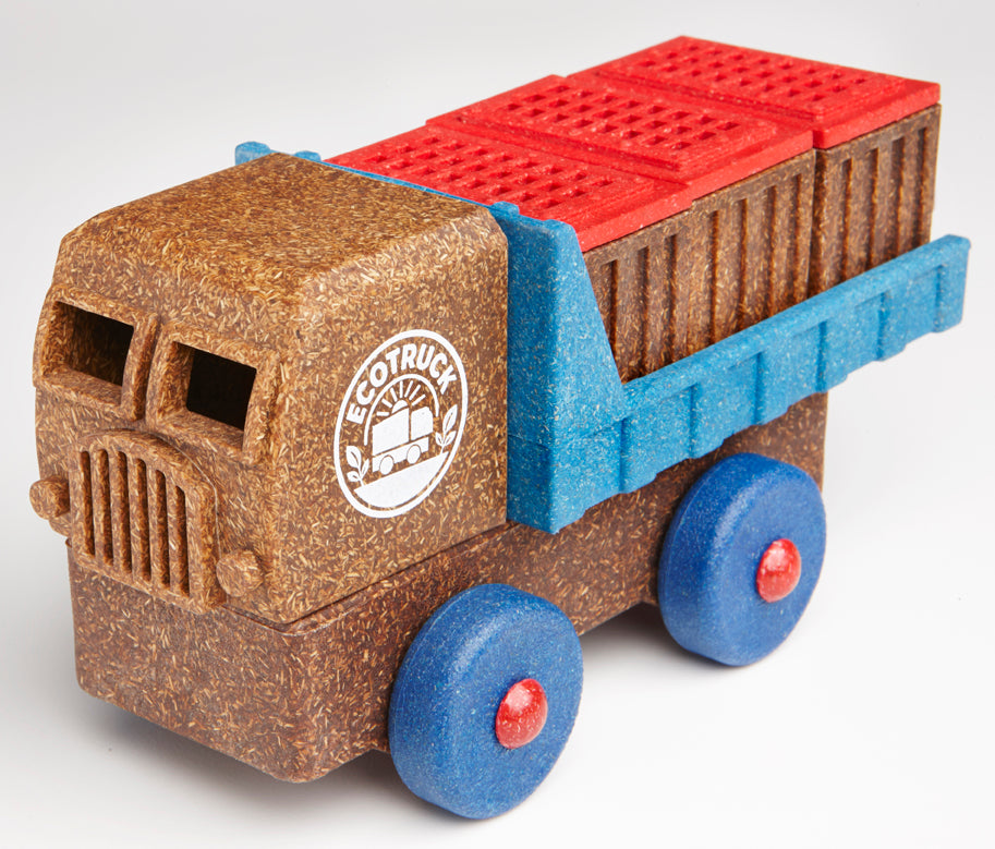 Toy truck with red cargo container and blue base, featuring the EcoTruck logo.