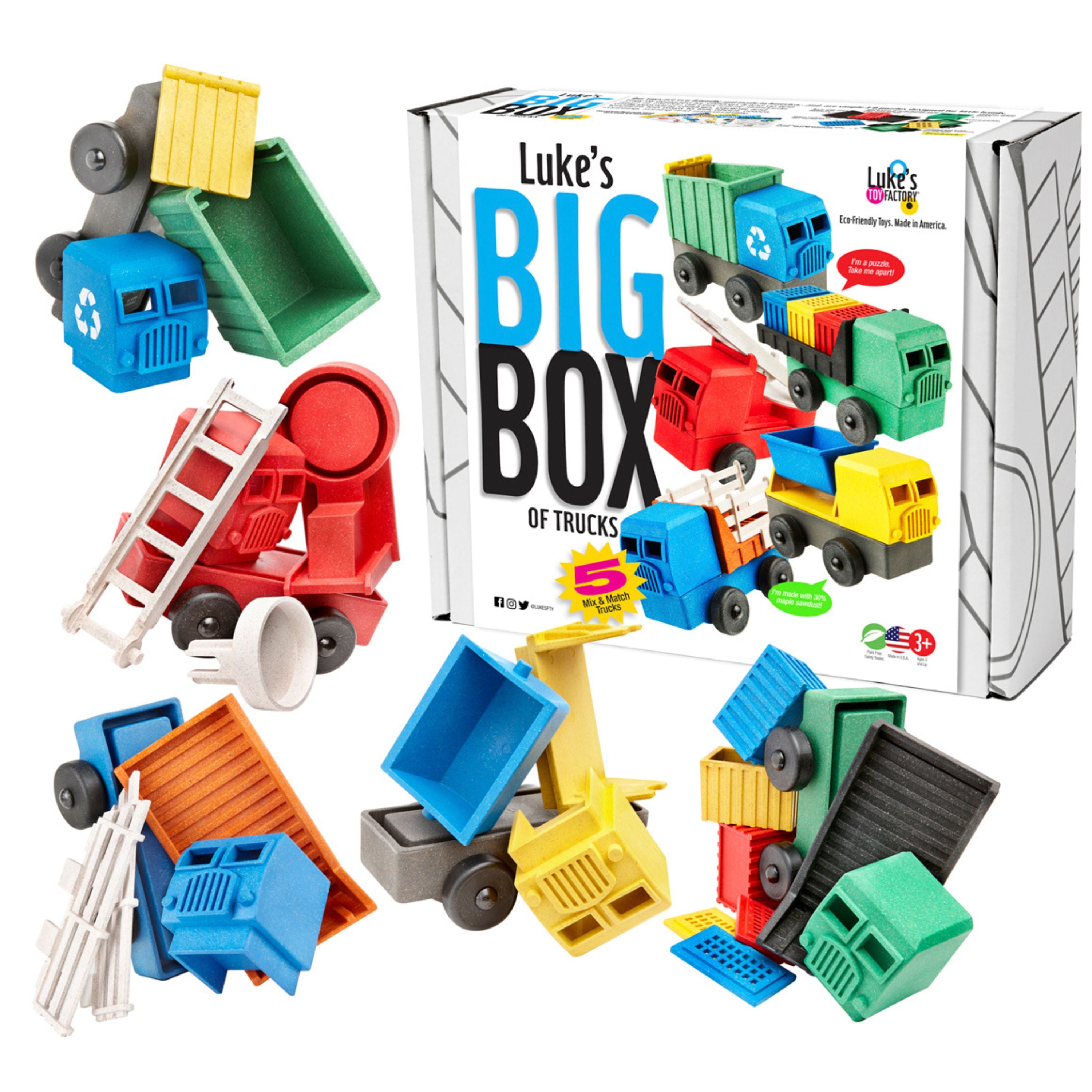 Luke's Big Box of Toy Trucks with five truck toys for preschool aged kids
