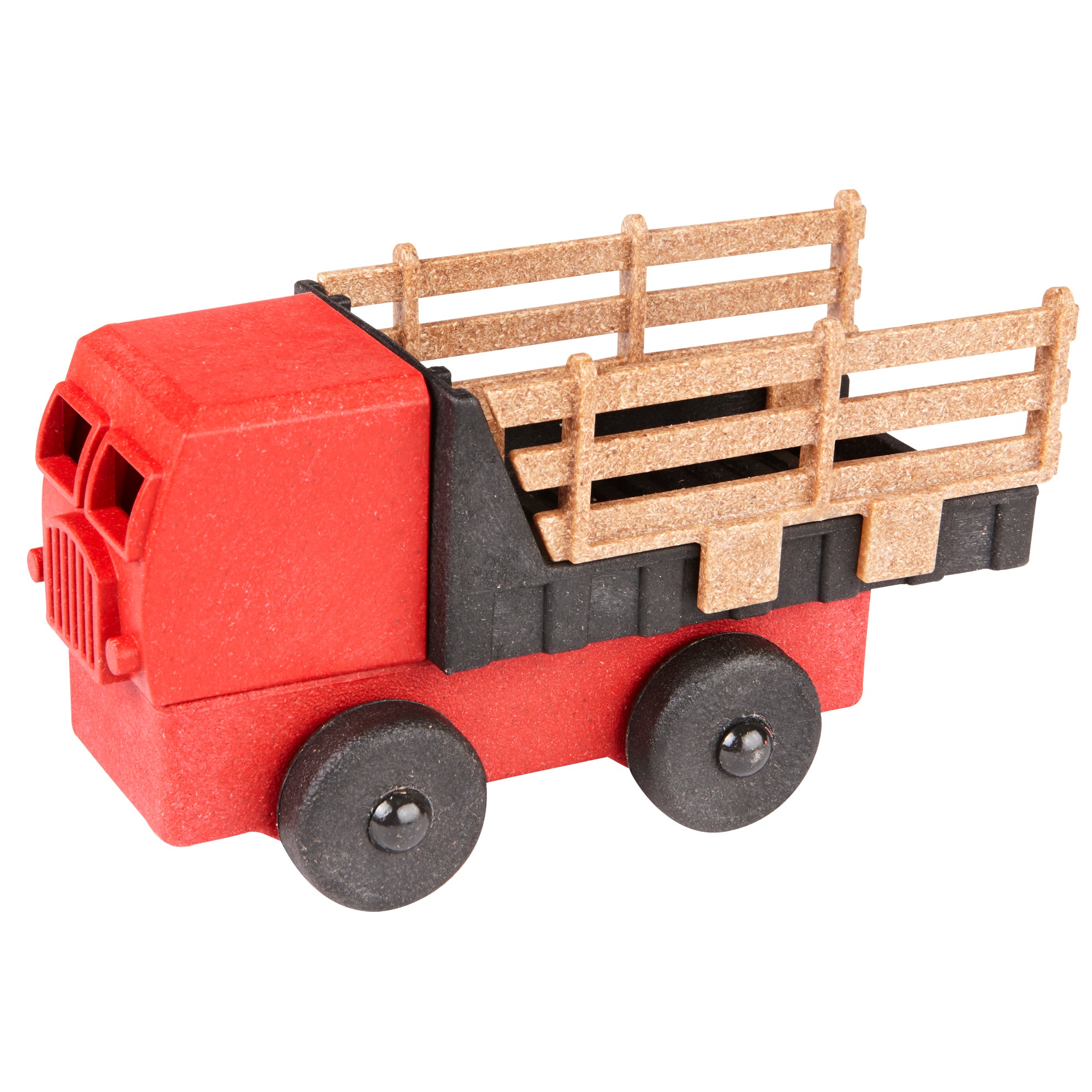 A red toy farm truck with a black cabin and wooden bed, made from upcycled maple fiber.