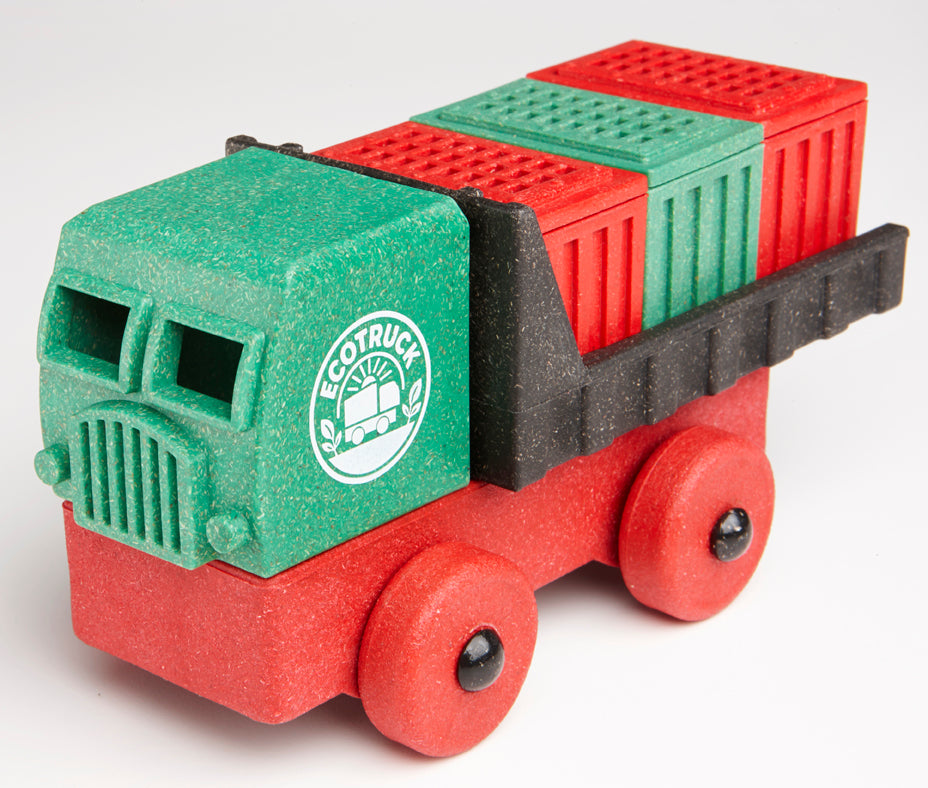 Toy truck with green and red containers and 'Ecotruck' logo on a green background