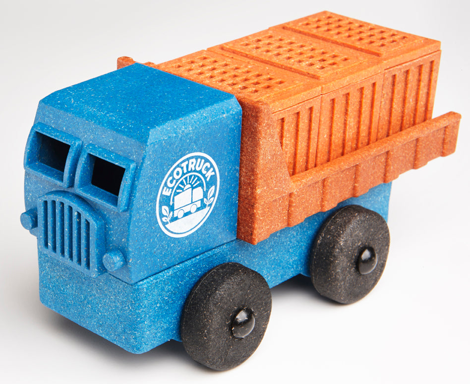 Blue toy truck with orange container boxes and 'Ecotruck' logo on a blue background.