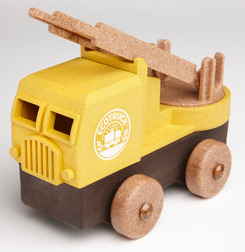 Educational yellow toy fire truck with 'EcoTruck' logo on a white background