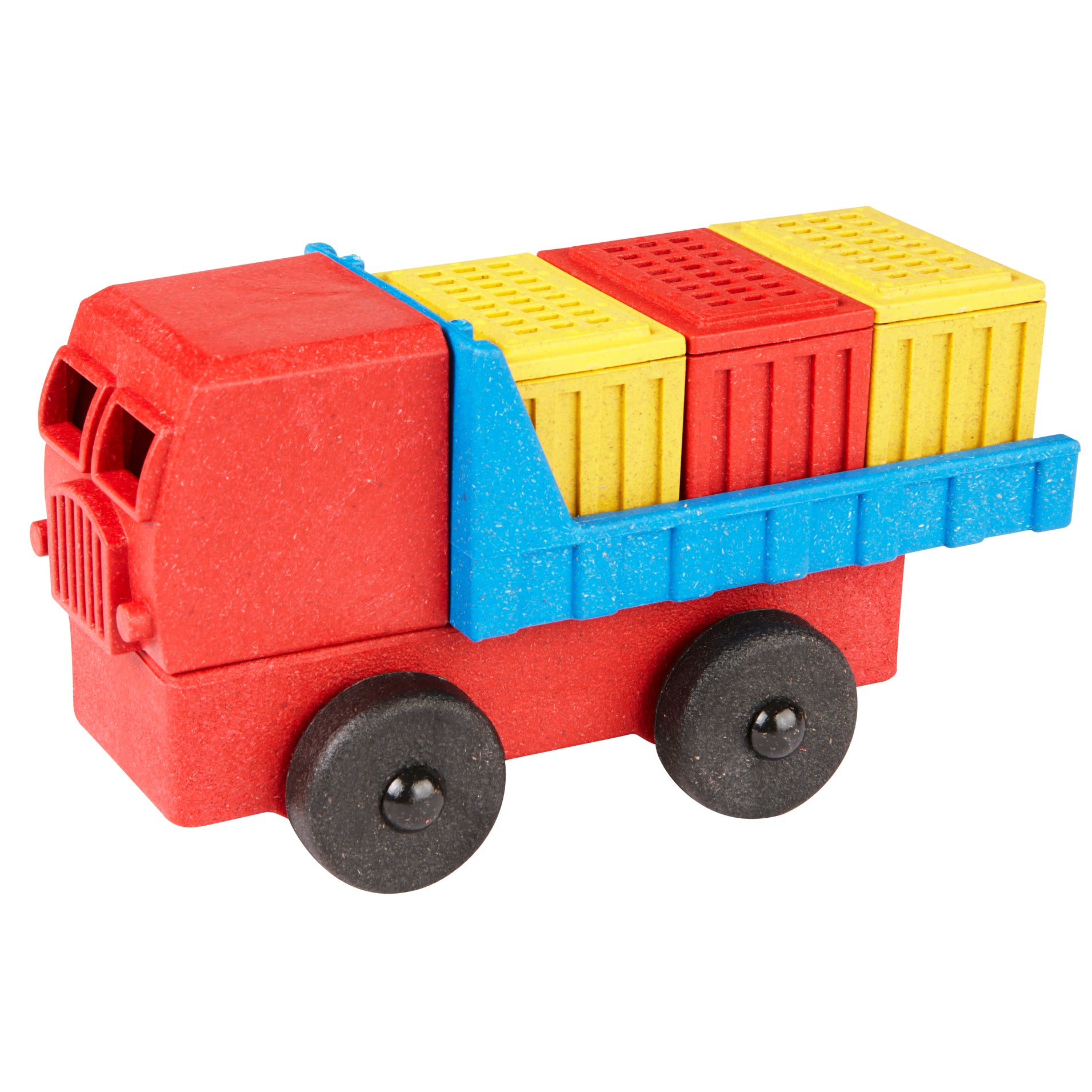 A red toy cargo truck with blue and yellow cargo boxes, designed for young children.