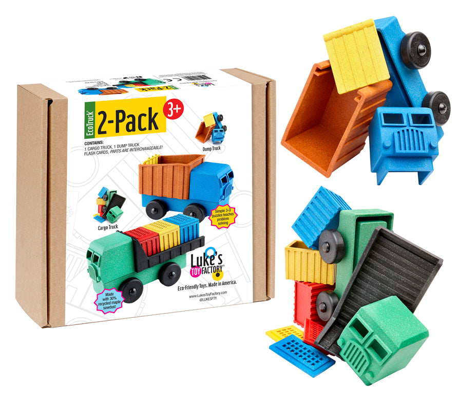 Luke's Toy Factory Two-Pack Dump Truck Toy and Cargo Truck Toy in puzzle pieces