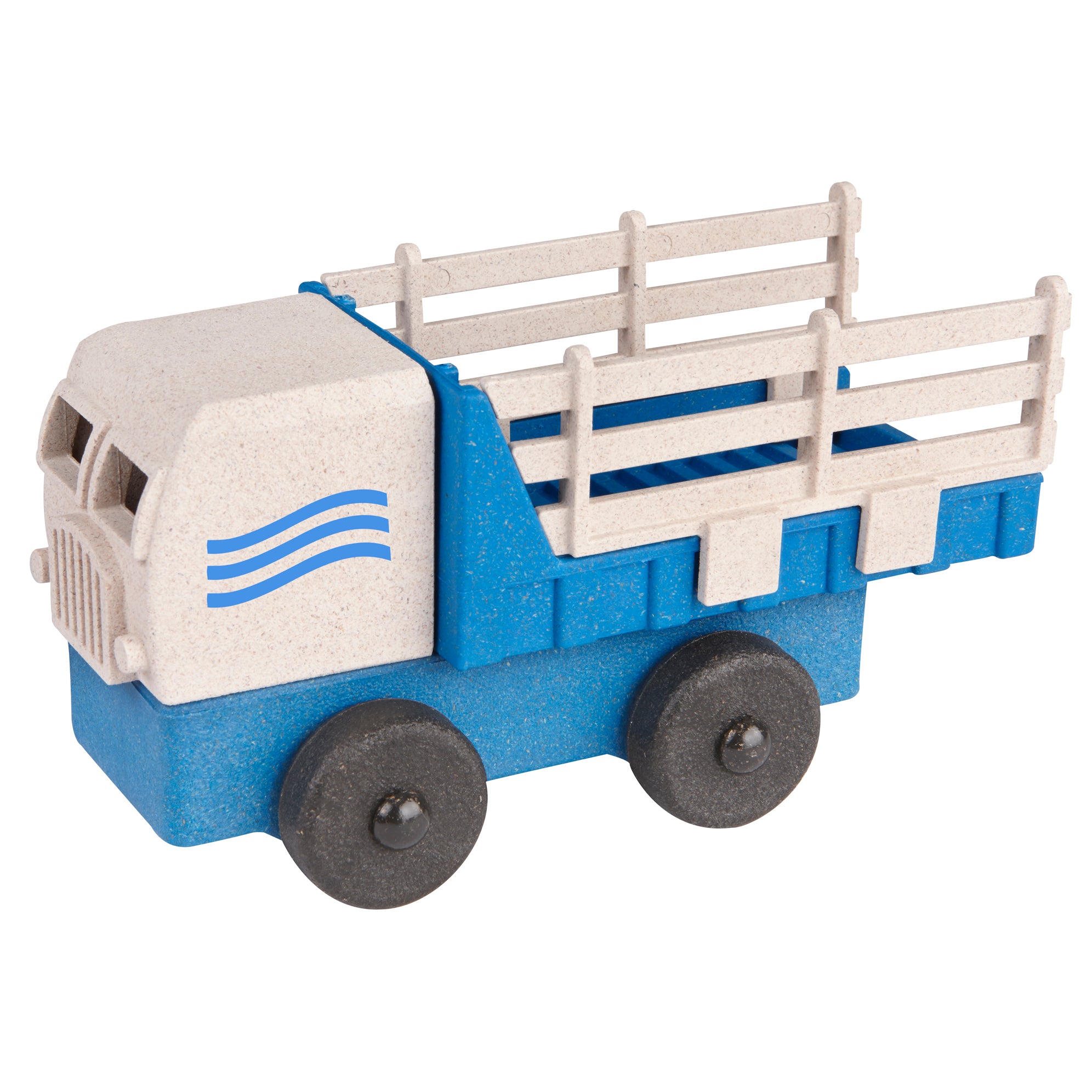 A blue and beige stake truck toy with a working truck bed, made from a mix of sawdust and plastic.