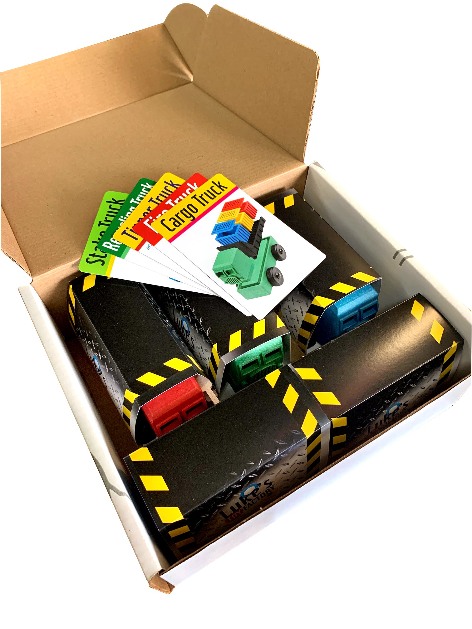 Luke's Big Box of Trucks comes with educational flashcards for each truck toy and toy truck "garages"