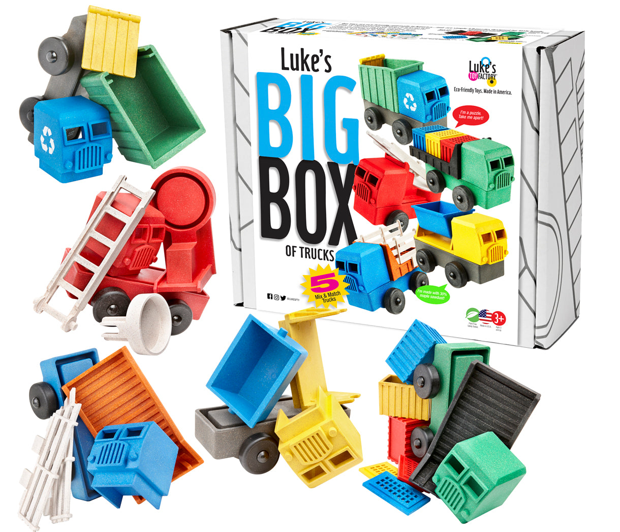 Luke's Big Box of Toy Trucks with five truck toys for preschool aged kids