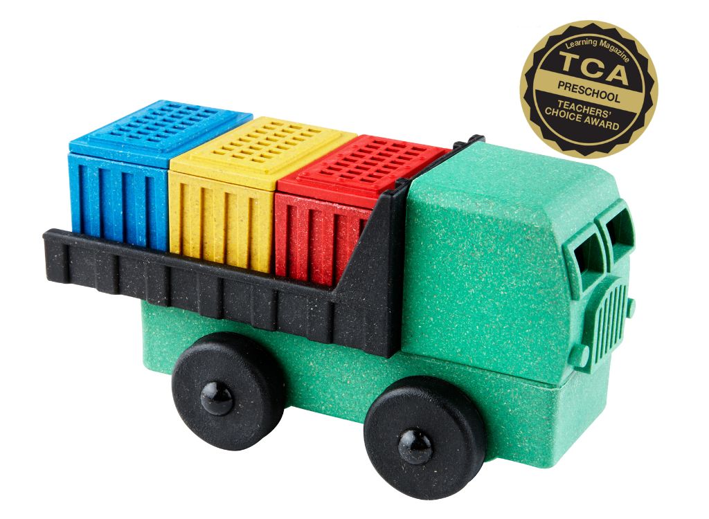 Luke's Toy Factory Cargo Truck Toy with three colorful boxes and the Teachers' Choice Award in the Preschool Category