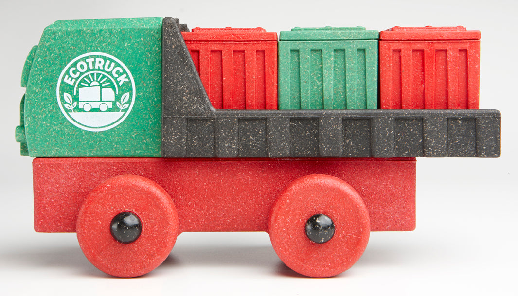 Toy truck with red and green containers and 'Ecotruck' logo on a white background