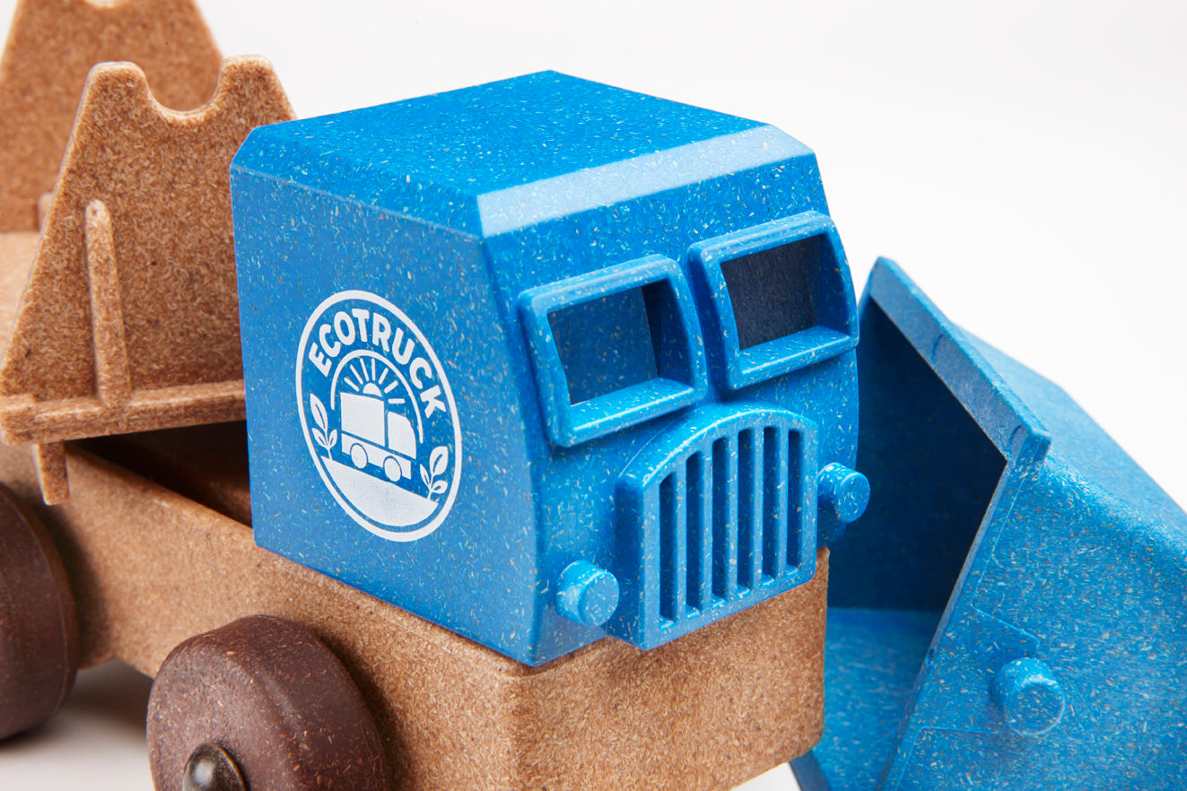 Blue toy truck with 'ECOTRUCK' logo on a white background