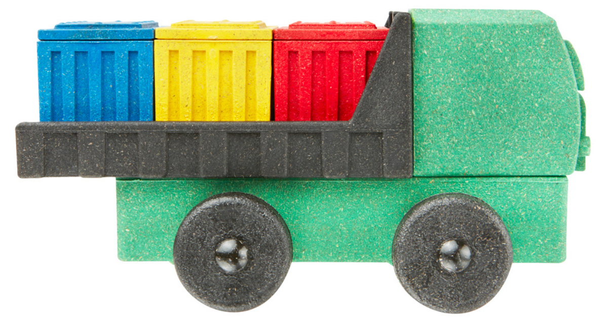 A profile closeup view of a toy cargo truck from Luke's Toy Factory