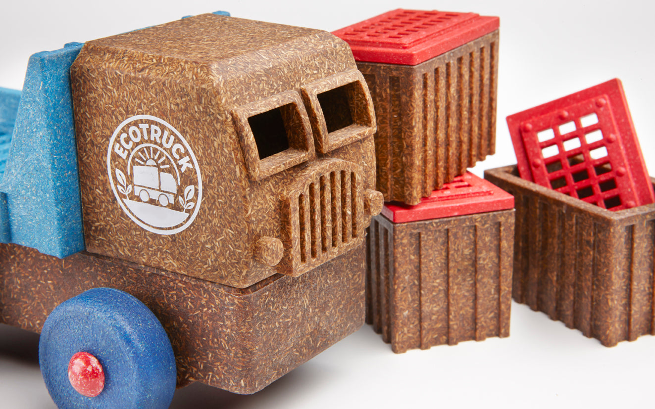 Preschool toy truck with crates and 'Ecotruck' branding on a white background