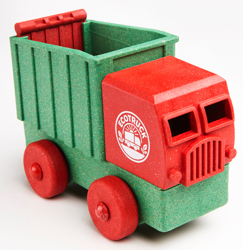 Toy truck with red and green colors and 'EcoTruck' logo on a white background