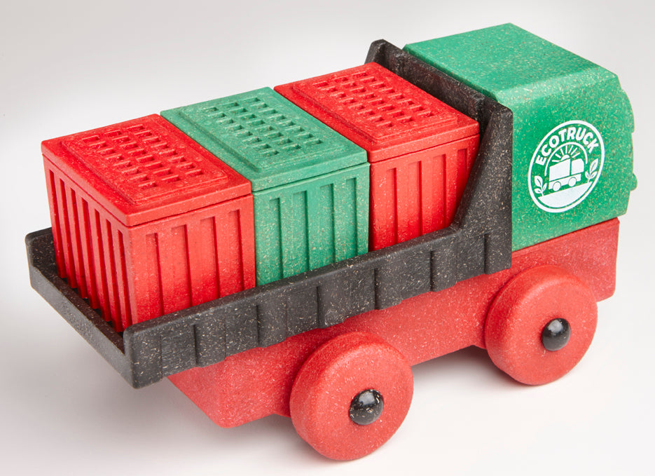Toy truck with red and green containers with a white "EcoTruck" logo