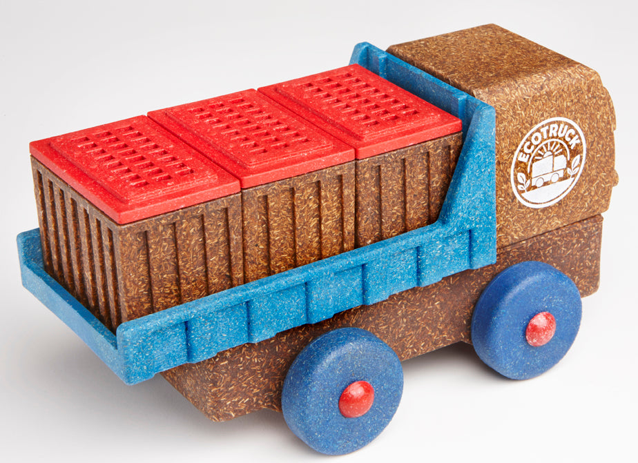 Toy truck with red cargo container and blue base, featuring the EcoTruck logo.