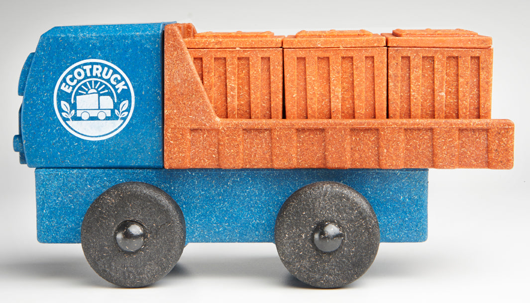 Preschool toy truck with blue body and orange cargo area, featuring 'EcoTruck' logo.