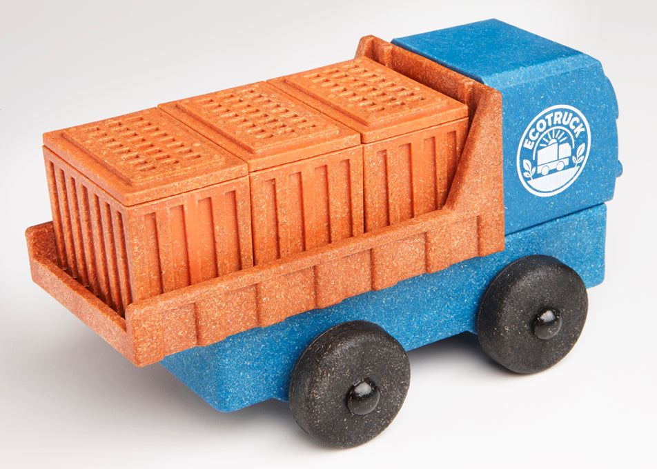 Educational toy truck with orange containers and blue body 