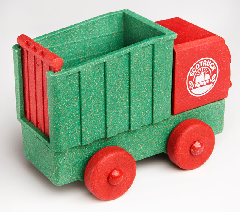 Toy truck with red and green colors and 'EcoTruck' logo on a white background