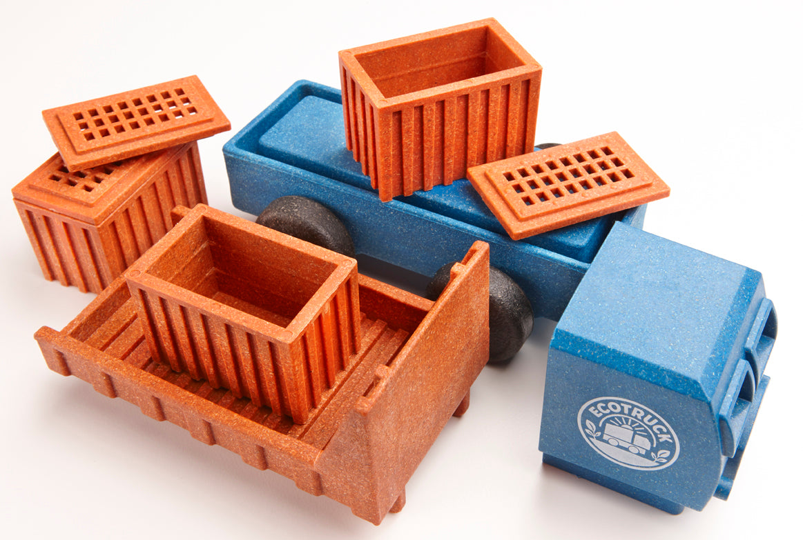 Educational preschool toy truck. Blue truck with orange boxes for early childhood development