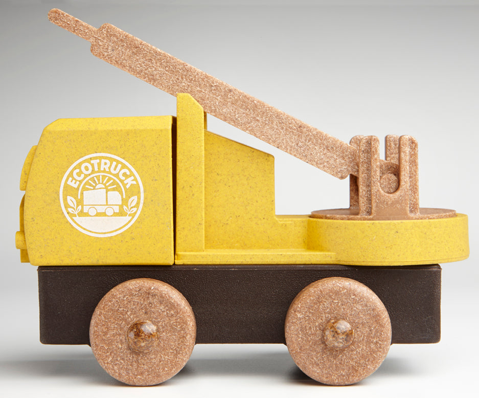 Yellow toy truck with brown ladder and 'ECOTRUCK' logo on a gray background