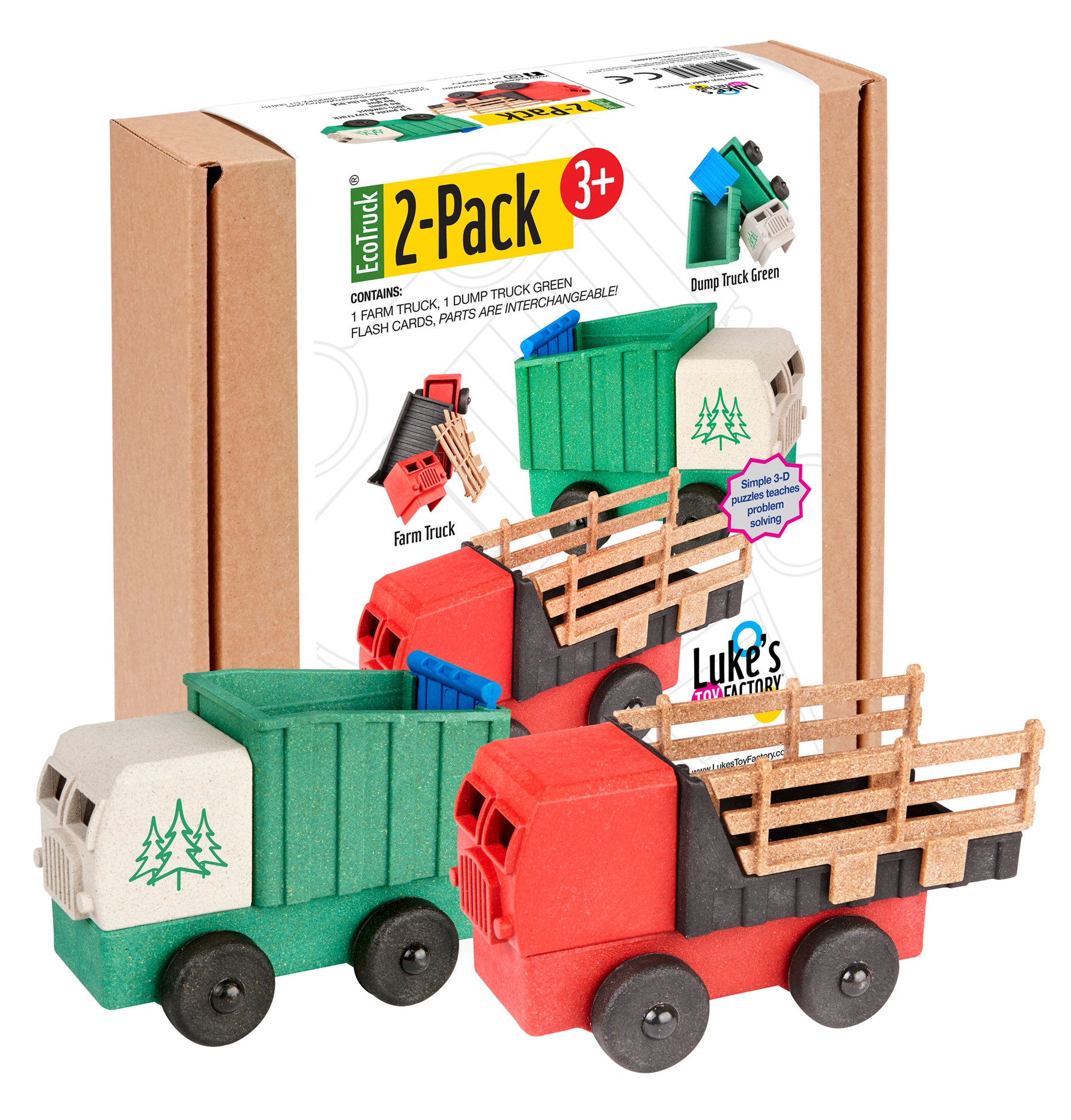 Two educational toy trucks, a green and a red one, with a packaging box labeled '2-Pack' on a white background.