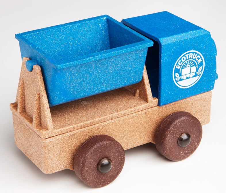 Toy truck with blue tipper and brown base on a white background