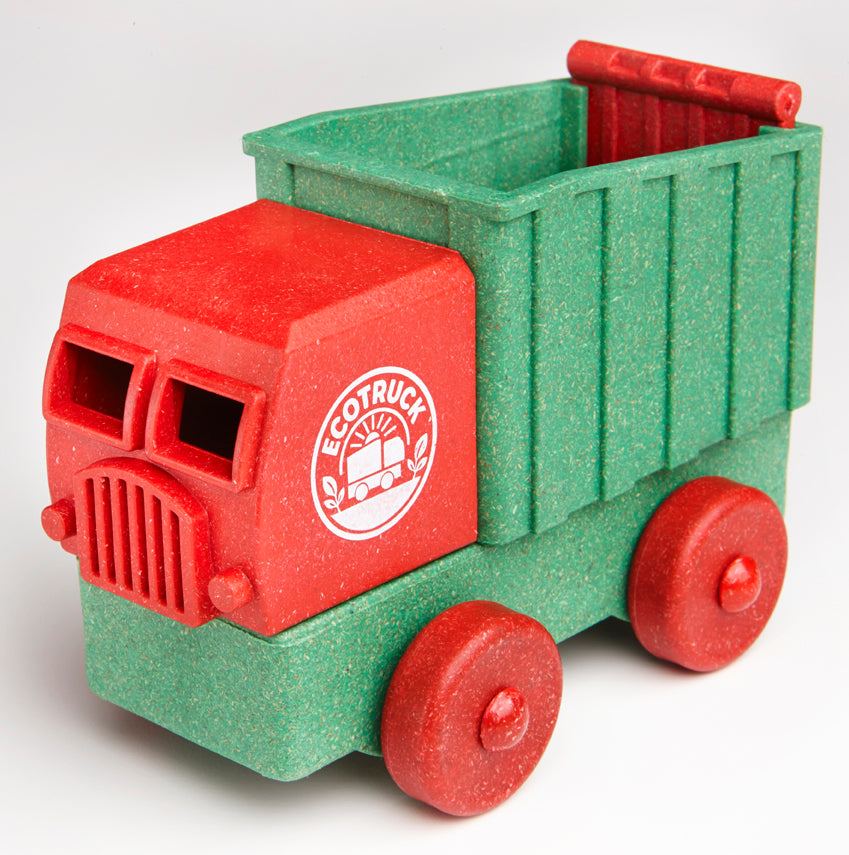 Red and green toy truck with 'Ecotruck' logo on a white background