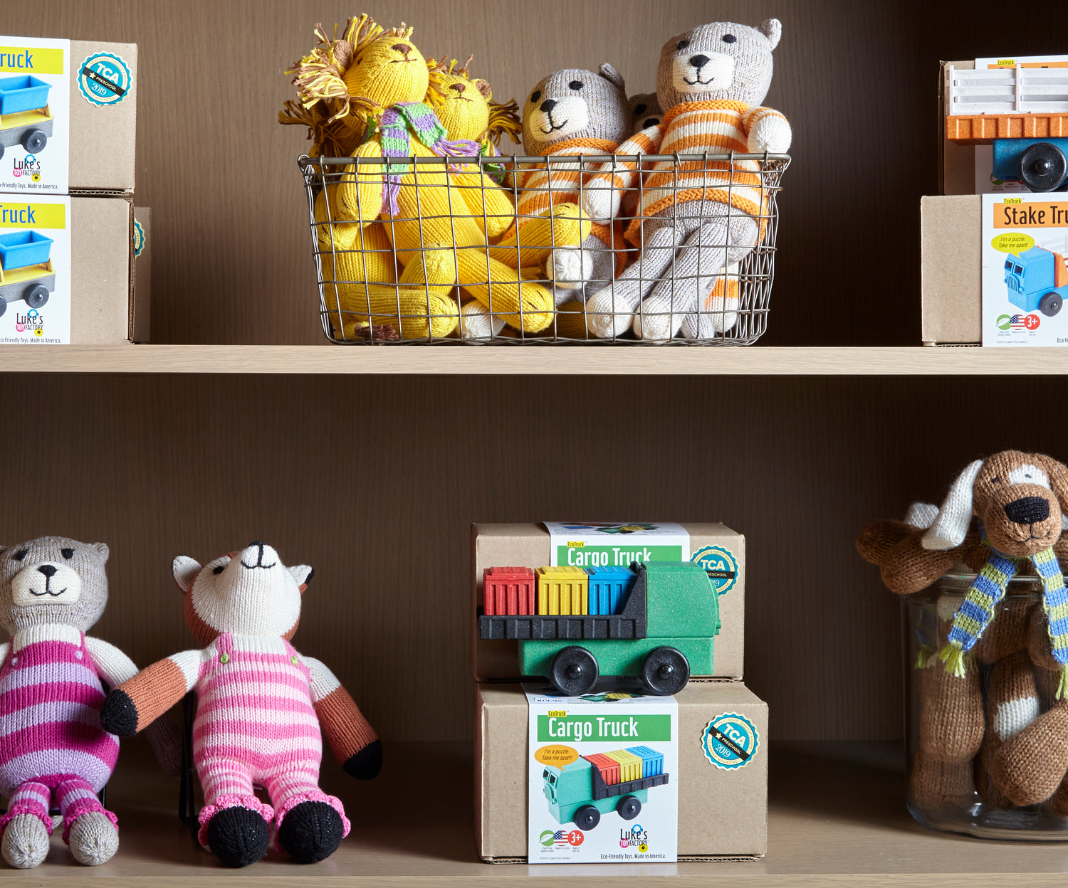A Luke's Toy Factory Cargo Truck toy on a toy store shelf