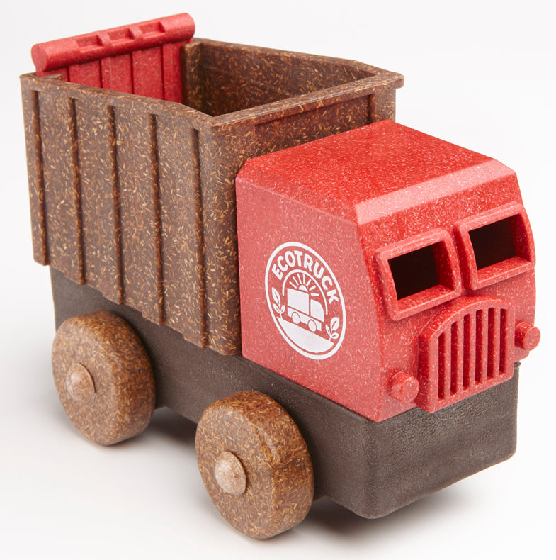 Toy truck with red and brown colors and 'Ecotruck' logo on a white background