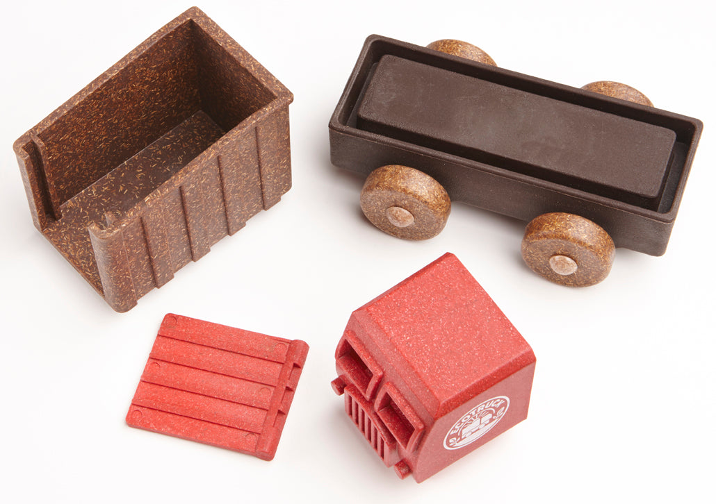 Set of toy crates in brown and red on a white background