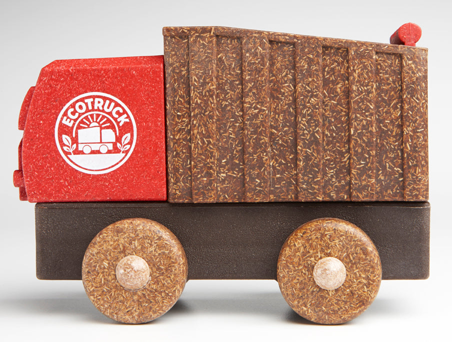 Preschool educational toy truck with a red part and brown wheels 