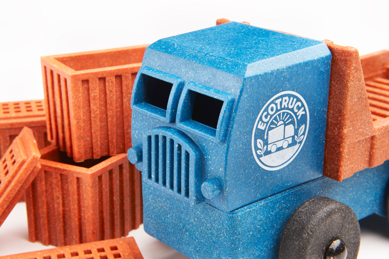 Blue preschool toy truck with orange containers and 'ECOTRUCK' logo on a blue background