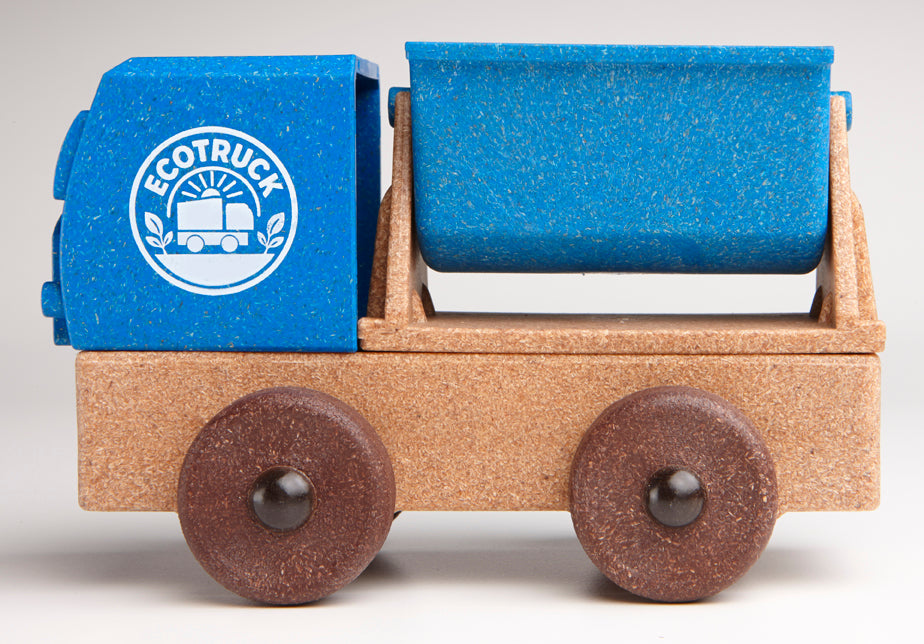 Toy truck with blue tipper a brown body and 'ECOTRUCK' logo on a white background