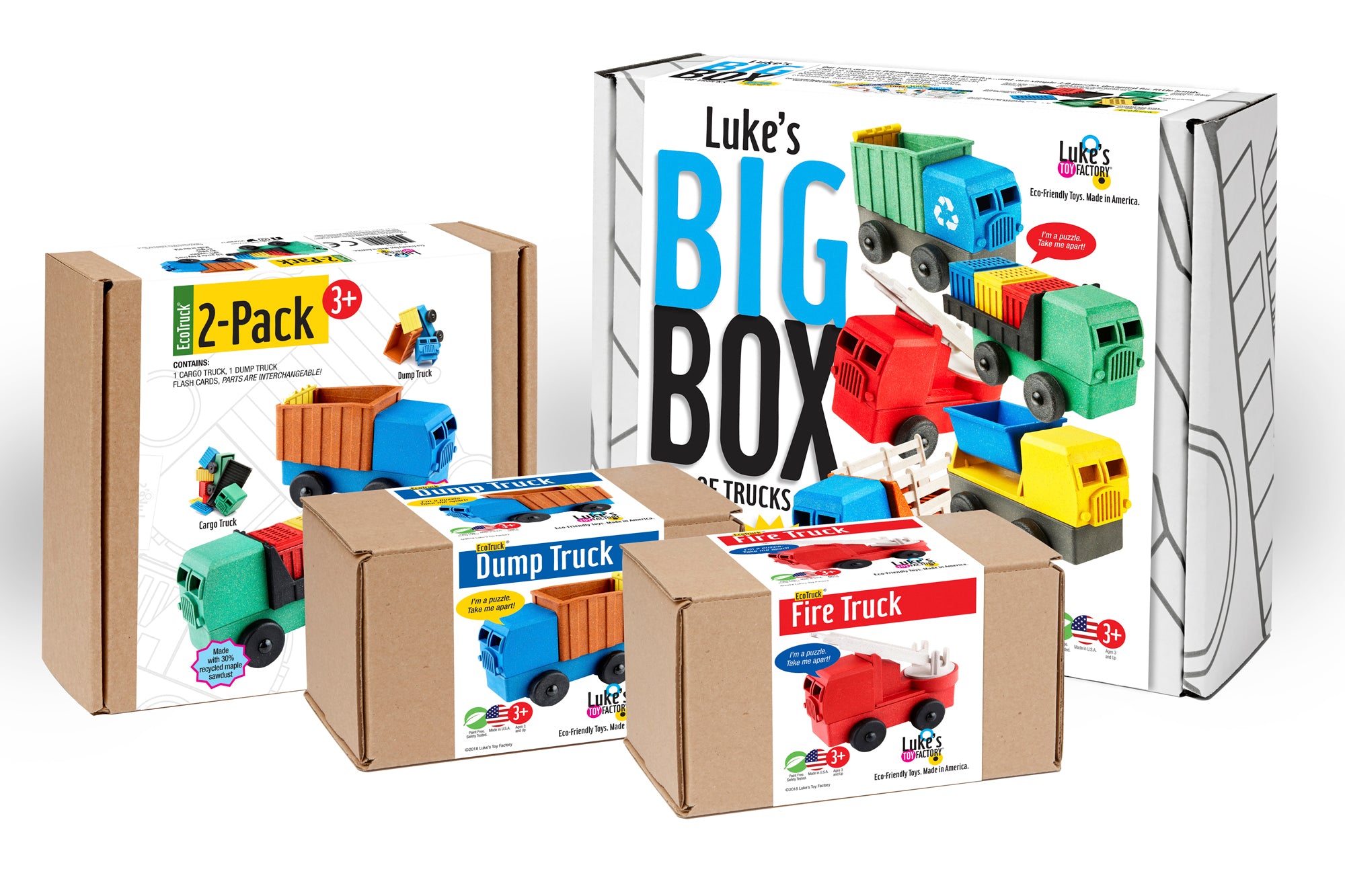 Luke's Toy Factory toy truck packaging for toy stores and gift stores