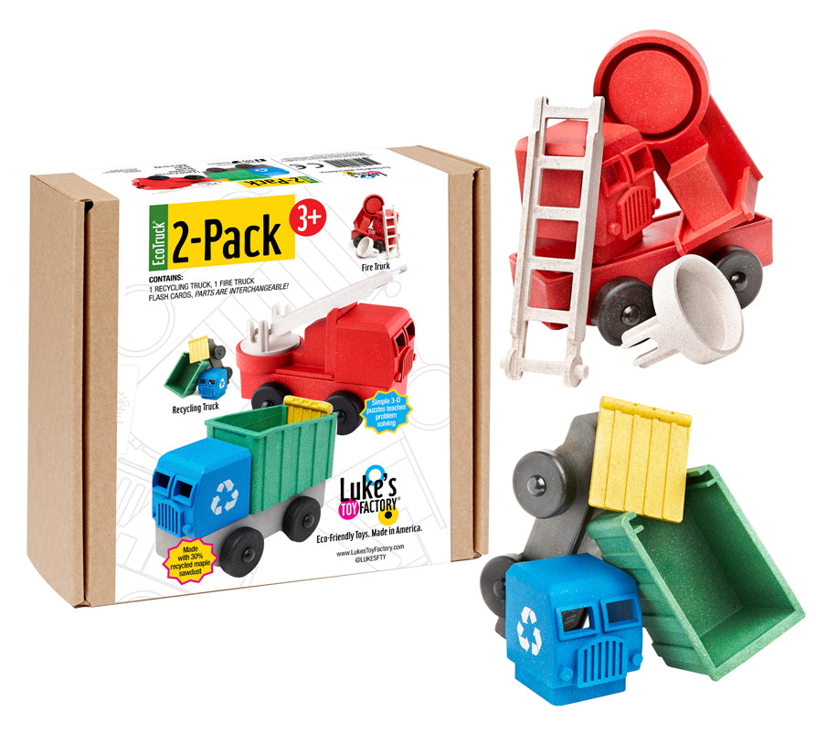Luke's Toy Factory two-pack firetruck toy puzzle parts and recycling truck toy puzzle parts
