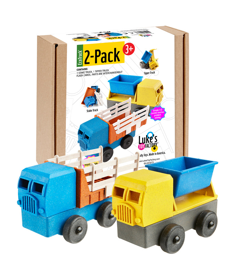 Luke's Toy Factory two pack of toy trucks, Stake Truck Toy and Tipper Truck Toy