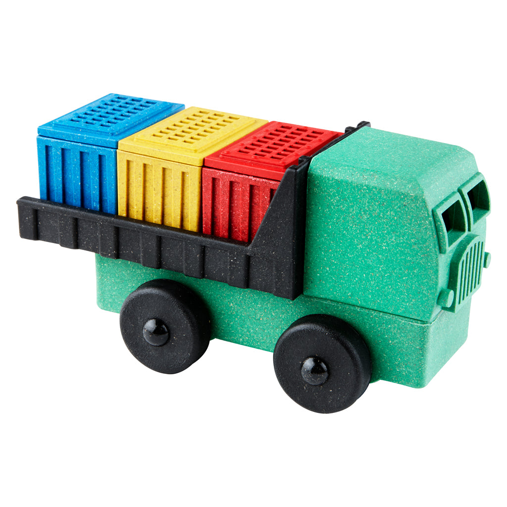 Green preschool toy cargo truck with boxes