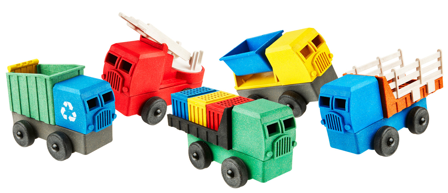 Five truck toys come in this set including a Recycling Truck Toy, Firetruck Toy, Cargo Truck Toy, Tipper Truck Toy, and Stake Truck Toy