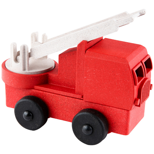 Luke's Toy Factory Preschool Fire Truck Toy. Red fire truck with white ladder and black wheels on a white background