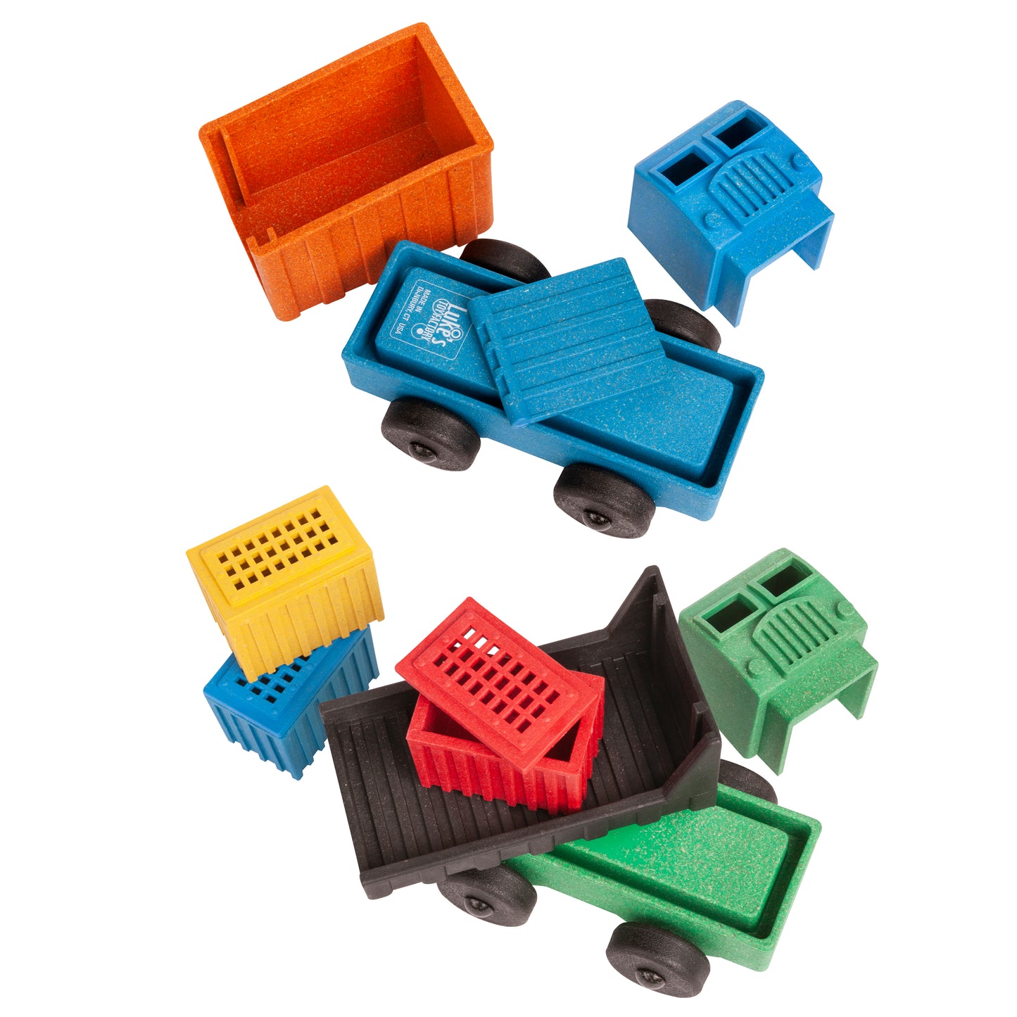 Luke's Toy Factory Dump Truck toy and Cargo Truck toy interchangeable puzzle pieces