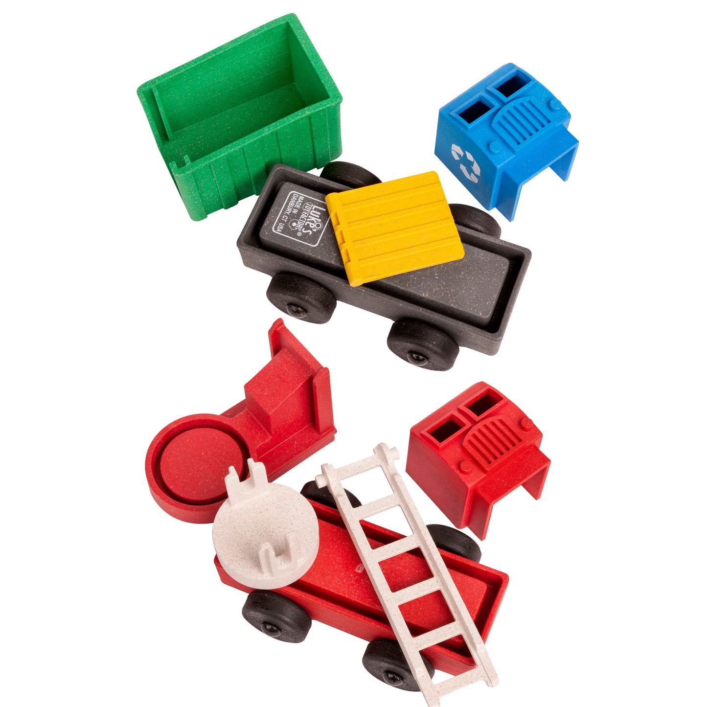 Puzzle parts of Luke's Toy Factory Recycling truck toy and firetruck toy